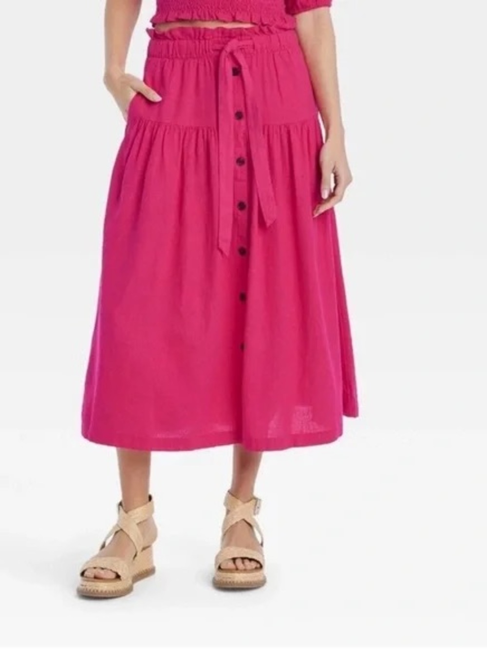 Universal Thread Hot Pink Button-Front Midi Skirt with Tie Waist